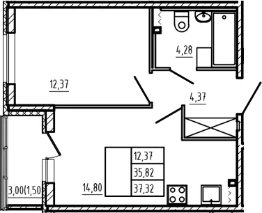 Планировка: 1-комнатная квартира 35,8 м² в ЖК «Новая история»