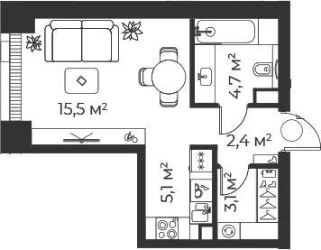 Планировка: Студия 30,7 м² в ЖК «Веер»