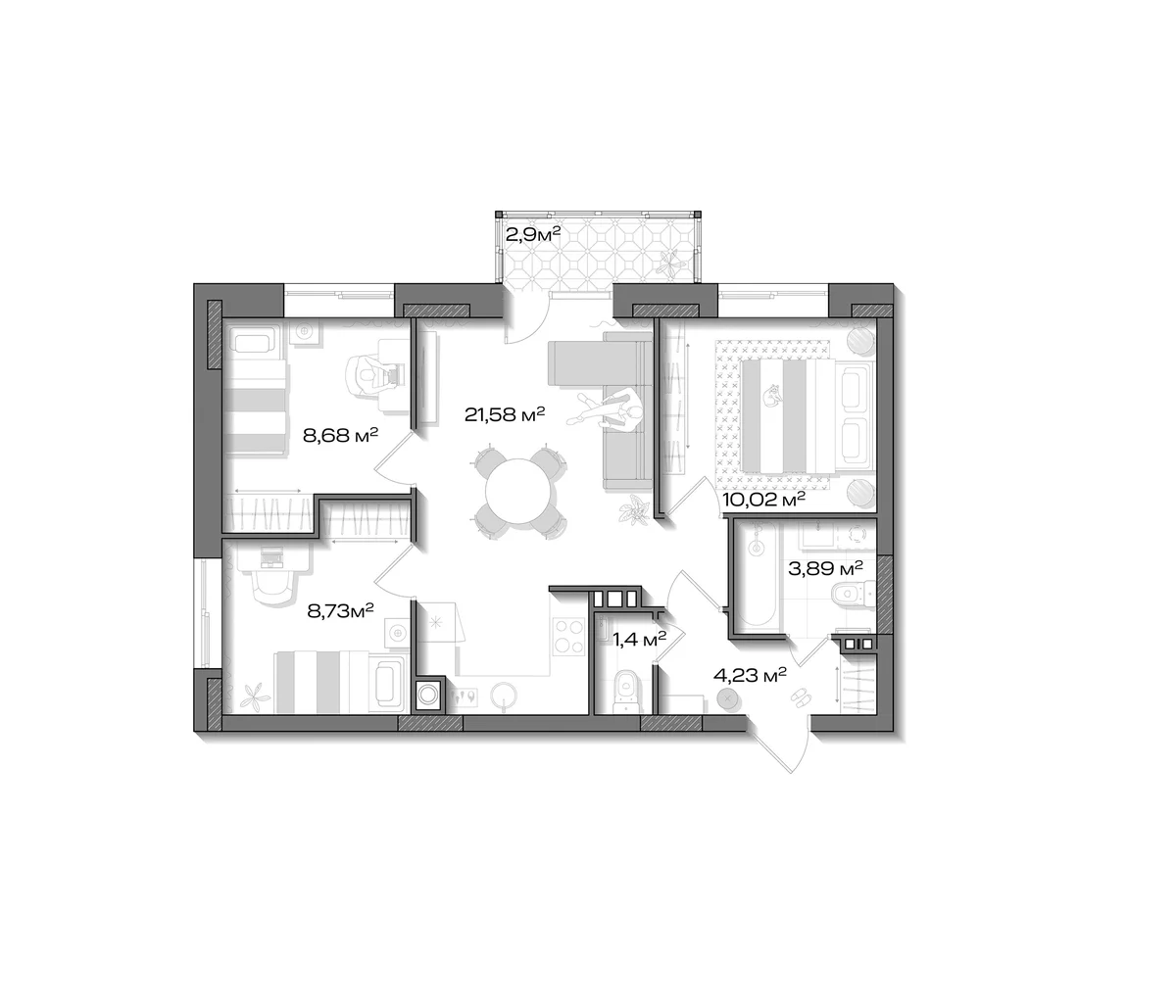 Планировка: 3-комнатная квартира 58,5 м² в ЖК «Аксиома.Возрождение»