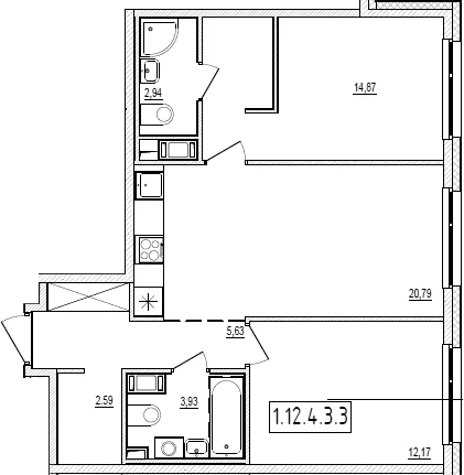 Планировка: Евротрёшка 62,9 м² в ЖК «Новый Ямбург»