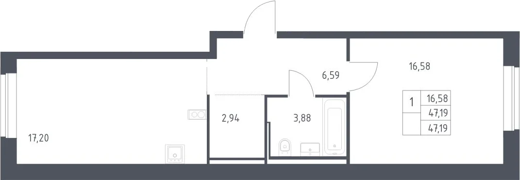 Планировка: Евродвушка 47,2 м² в ЖК «Литературный Квартал»