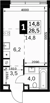 Планировка: Студия 28,5 м² в ЖК «Амбер Сити»