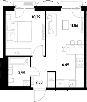 Планировка: Евродвушка 35,1 м² в ЖК «ЭВО»