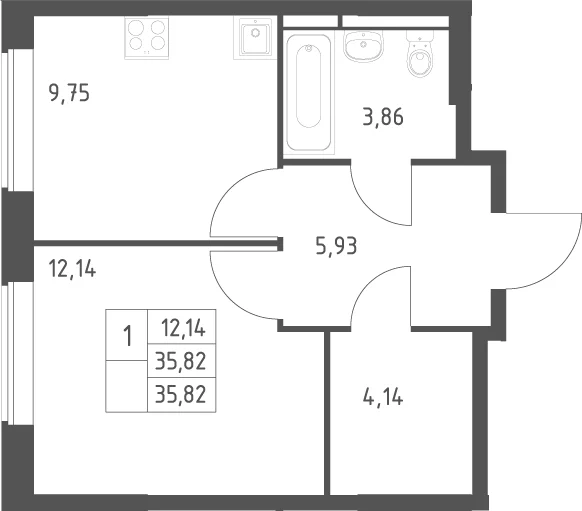 Планировка: 1-комнатная квартира 35,8 м² в ЖК «Большое Юрлово»