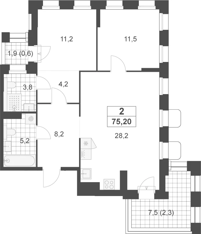 Планировка: Евротрёшка 72,3 м² в ЖК «Деснаречье»