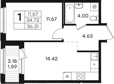 Планировка: 1-комнатная квартира 34,7 м² в ЖК «Парголово»