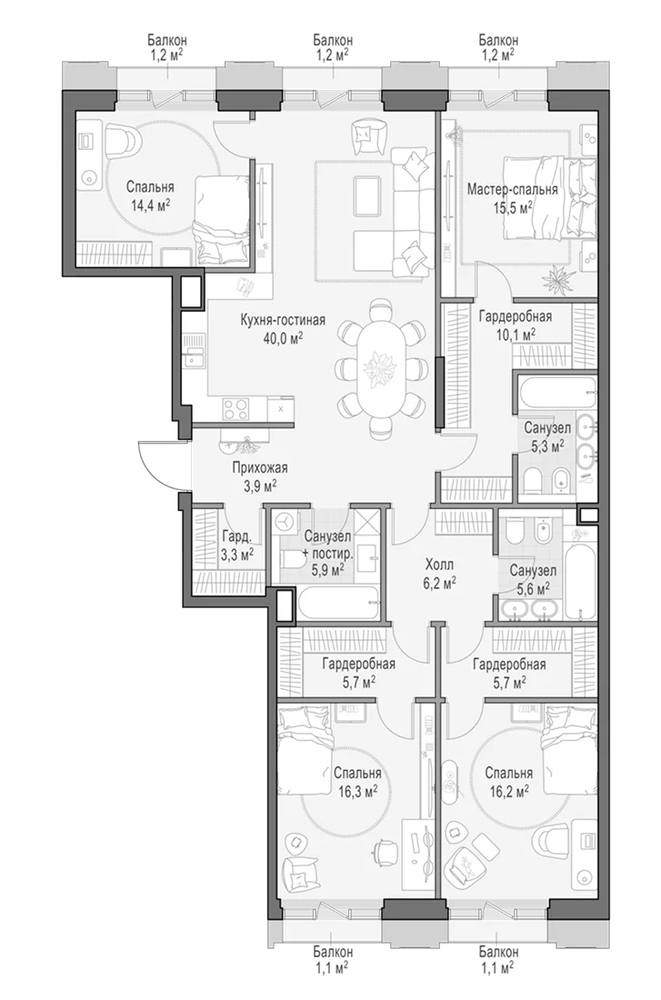 Планировка: Квартира евро-5 154,3 м² в ЖК «Квартал Тишинский бульвар»