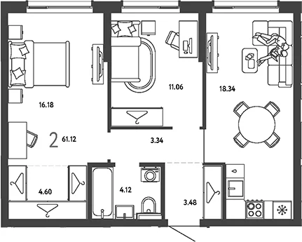 Планировка: 2-комнатная квартира 61,1 м² в ЖК «Страна.Парковая»