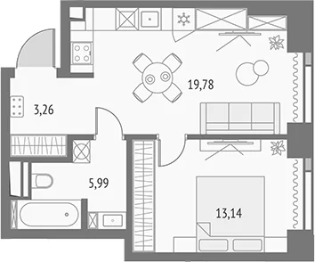 Планировка: Евродвушка 42,2 м² в ЖК «Апсайд Тауэрс»