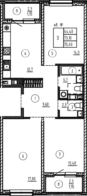 Планировка: 3-комнатная квартира 73,1 м² в ЖК «Плюс Пулковский»