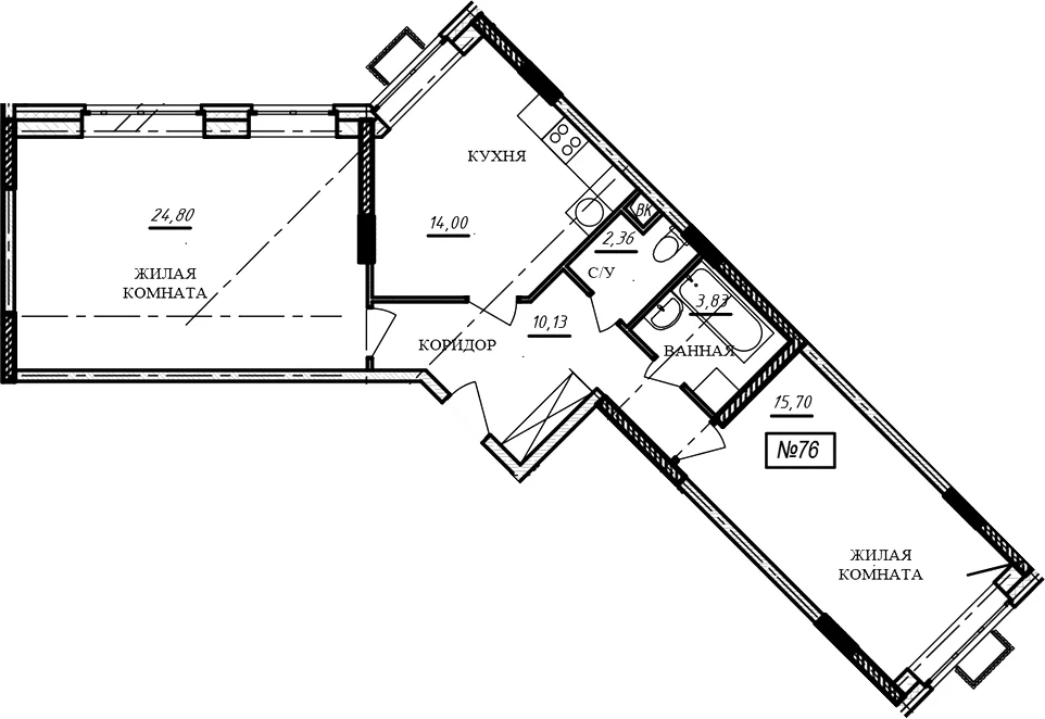 Планировка: 2-комнатная квартира 70,8 м² в ЖК «Краснофлотский»