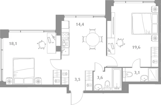 Планировка: 2-комнатная квартира 62,3 м² в ЖК «Зиккурат Преображенский»
