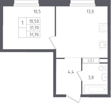 Планировка: 1-комнатная квартира 31,7 м² в ЖК «Ольховый квартал»