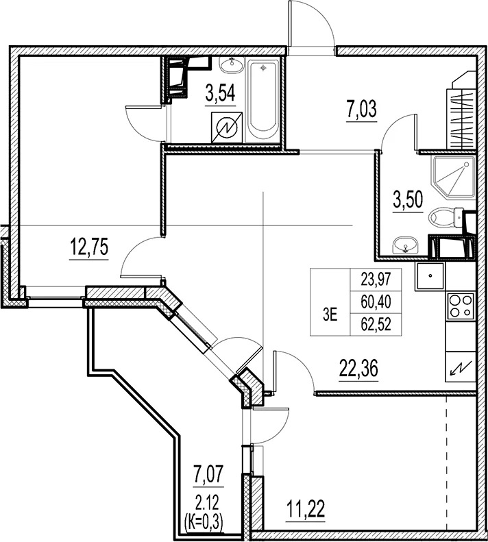 Планировка: Евротрёшка 60,4 м² в ЖК «Город-спутник Южный»