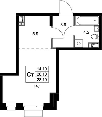 Планировка: Студия 28,1 м² в ЖК «Кореневский Форт 2.3»