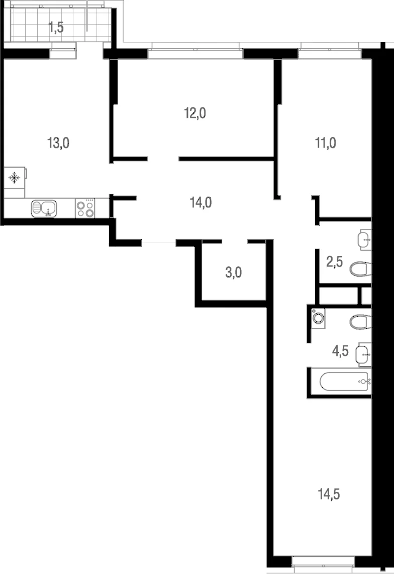 Планировка: 3-комнатная квартира 74,5 м² в ЖК «Котельники парк»