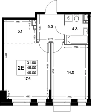 Планировка: Евродвушка 46 м² в ЖК «Кореневский Форт 2.3»