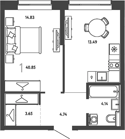 Планировка: 1-комнатная квартира 40,9 м² в ЖК «Страна.Парковая»