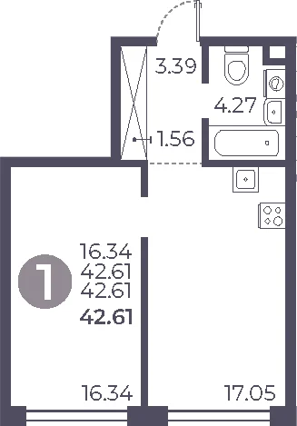 Планировка: 1-комнатная квартира 42,6 м² в ЖК «Мневники от Гранель»