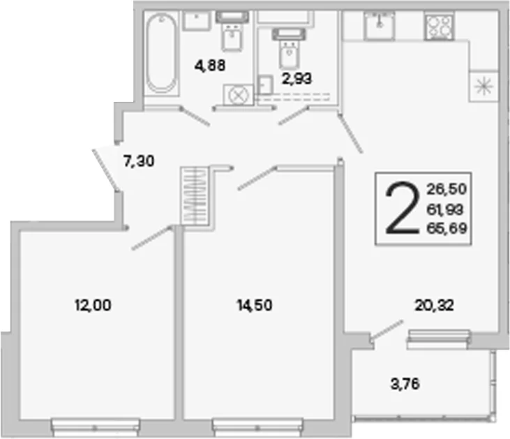 Планировка: 2-комнатная квартира 61,9 м² в ЖК «ЮгТаун. Олимпийские кварталы»