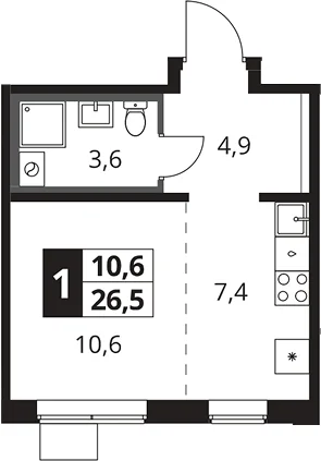 Планировка: Студия 26,5 м² в ЖК «1-й Южный»
