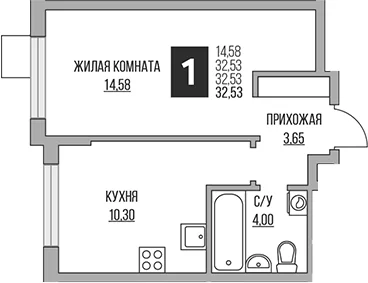 Планировка: 1-комнатная квартира 32,5 м² в ЖК «Гранель Притяжение Сити»