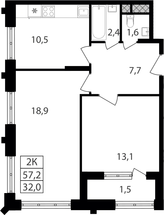 Планировка: 2-комнатная квартира 54,2 м² в ЖК «Варшавские ворота»