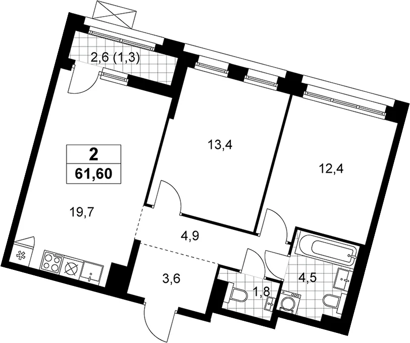 Планировка: Евротрёшка 60,3 м² в ЖК «Прокшино»