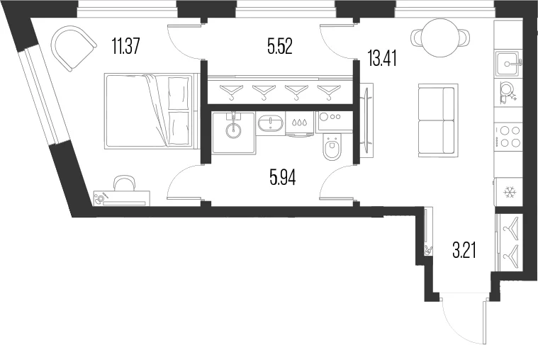 Планировка: 1-комнатная квартира 39,5 м² в ЖК «Новая земля»