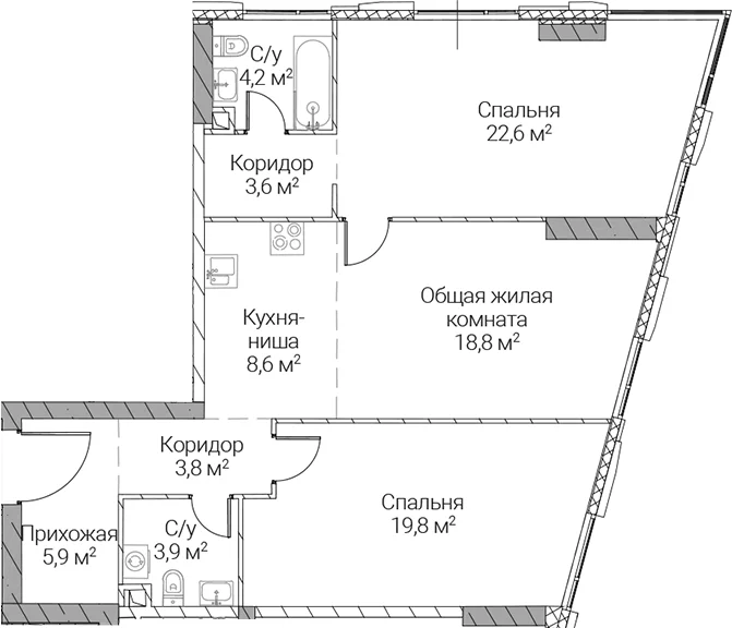 Планировка: Евротрёшка 91,2 м² в ЖК «СЕЗАР СИЛИКА»