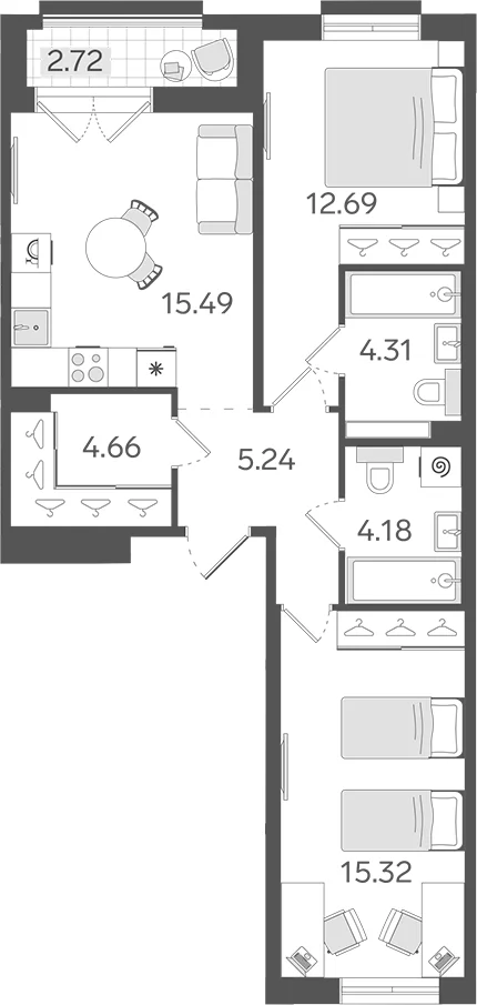Планировка: Евротрёшка 61,9 м² в ЖК «СТАВНИ Обводный»