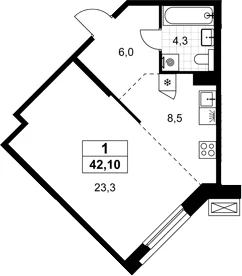 Планировка: 1-комнатная квартира 42,1 м² в ЖК «Хольм»