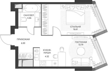 Планировка: Евродвушка 45,9 м² в ЖК «ХАЙДАУТ»
