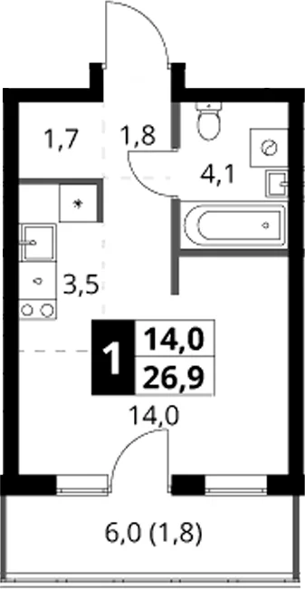Планировка: Студия 25,1 м² в ЖК «1-й Ясеневский»