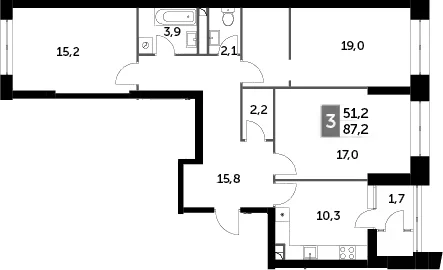 Планировка: 3-комнатная квартира 86,2 м² в ЖК «Скай Гарден»