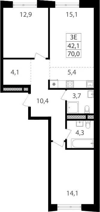 Планировка: Евротрёшка 70 м² в ЖК «Семеновский парк 2»