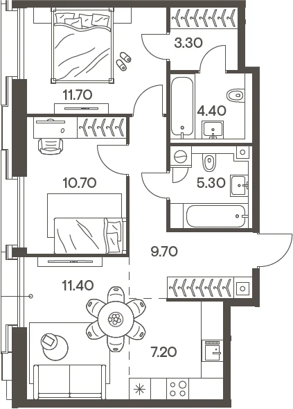 Планировка: Евротрёшка 63,7 м² в ЖК «Инджой»
