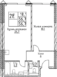 Планировка: Евродвушка 56,7 м² в ЖК «Наметкин Тауэр»
