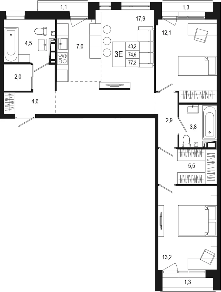 Планировка: Евротрёшка 73,5 м² в ЖК «Новая Щербинка»