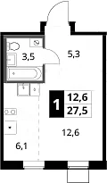 Планировка: Студия 27,5 м² в ЖК «1-й Ясеневский»