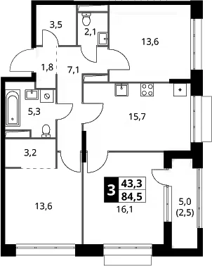 Планировка: 3-комнатная квартира 82 м² в ЖК «1-й Саларьевский»