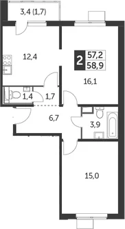 Планировка: 2-комнатная квартира 57,2 м² в ЖК «Южная Битца»
