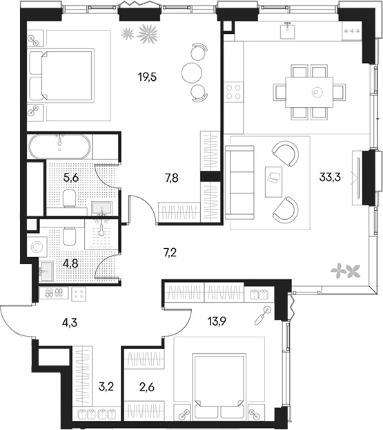 Планировка: Евротрёшка 102,2 м² в ЖК «Клубный город на реке Примавера»