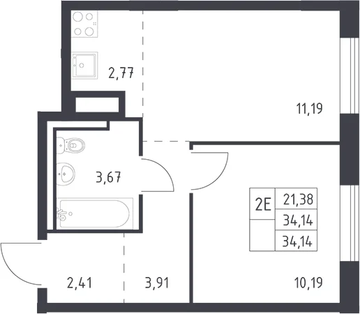 Планировка: 1-комнатная квартира 34,1 м² в ЖК «Квартал Лаголово»