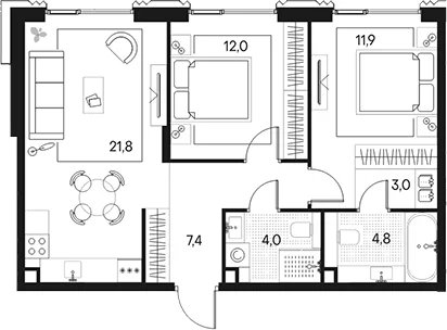 Планировка: Евротрёшка 64,9 м² в ЖК «Клубный город на реке Примавера»