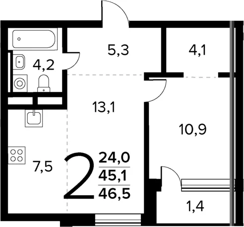 Планировка: Евродвушка 45,1 м² в ЖК «Новые Ватутинки Квартал у реки»