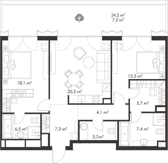 Планировка: Евротрёшка 86,4 м² в ЖК «КИНГ&САНС»