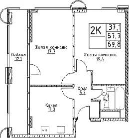 Планировка: 2-комнатная квартира 57,7 м² в ЖК «Наметкин Тауэр»