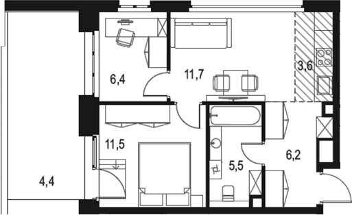 Планировка: Евротрёшка 45,1 м² в ЖК «Левел Южнопортовая»