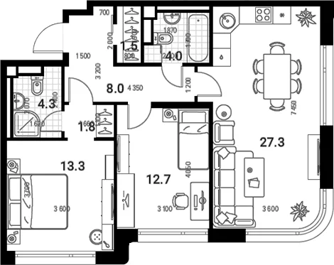 Планировка: Евротрёшка 72,6 м² в ЖК «Нагатино Ай-Лэнд»